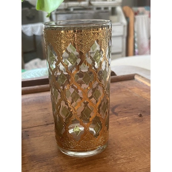 Culver Highball Valencia 22k Gold & Green 6 Pc 5.5" Tumbler Barware Glasses - Picture 2 of 2